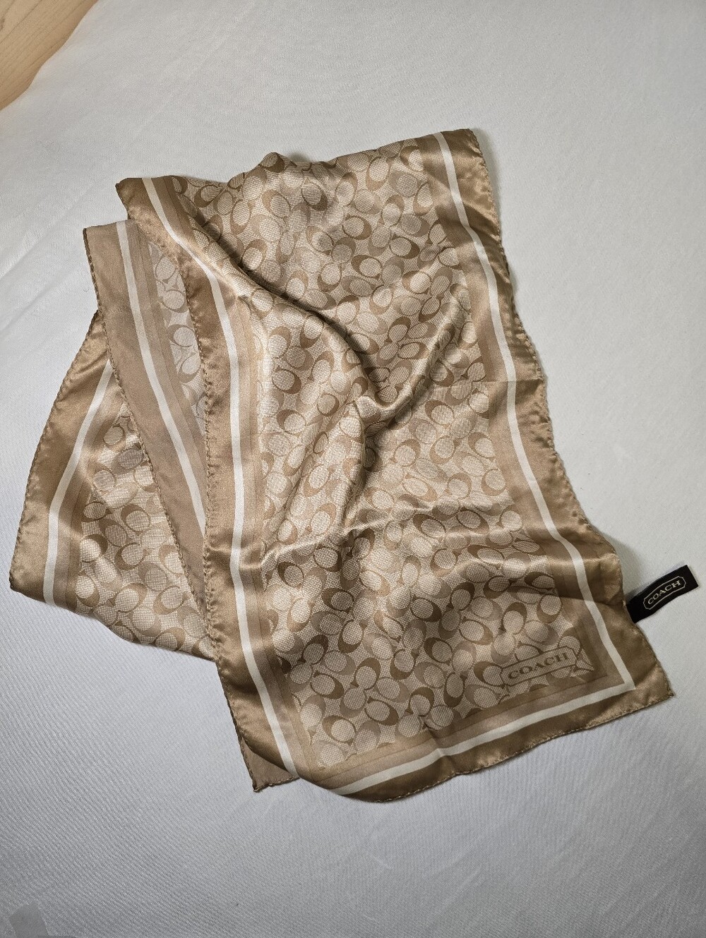 COACH 100% Silk Signature Logo Scarf 60"x10" Rectangular Khaki & Beige *Lt stain